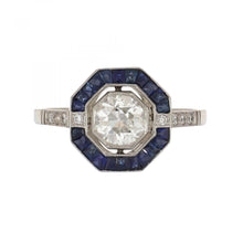 Load image into Gallery viewer, Estate Diamond and Sapphire Octagonal Platinum Target Ring

