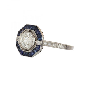 Estate Diamond and Sapphire Octagonal Platinum Target Ring