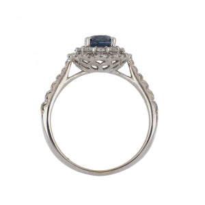 Estate 18K White Gold Sapphire & Double Halo Diamond Ring