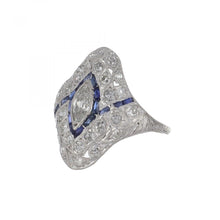 Load image into Gallery viewer, Art Deco Platinum Diamond Navette Ring with Sapphires
