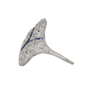 Art Deco Platinum Diamond Navette Ring with Sapphires
