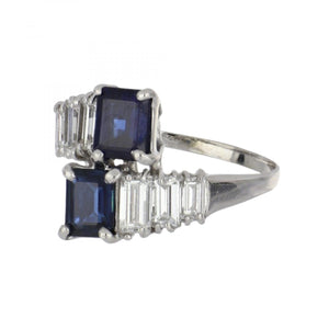 Vintage 1970s Sapphire and Diamond 14K White Gold Bypass Ring
