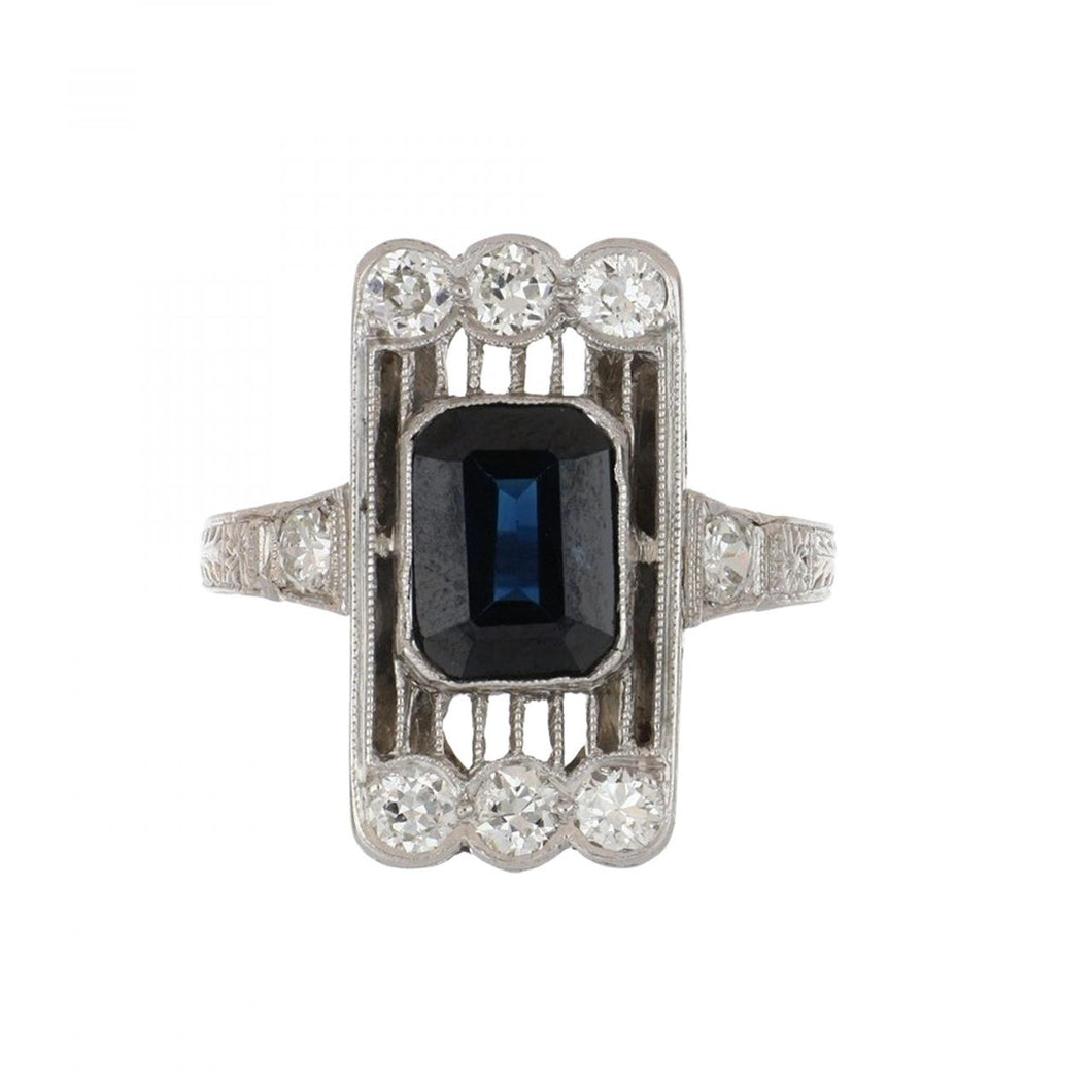 Edwardian Sapphire and Diamond Platinum Plaque Ring