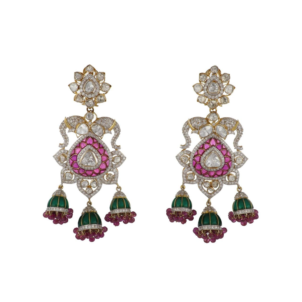Maharaja 18K Gold Diamond, Ruby, and Enamel Earrings