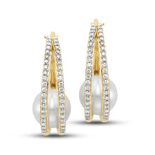 Load image into Gallery viewer, Mastoloni 14K Gold Diamond and Pearl Hoop Earrings
