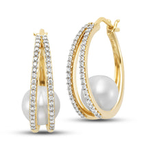 Load image into Gallery viewer, Mastoloni 14K Gold Diamond and Pearl Hoop Earrings
