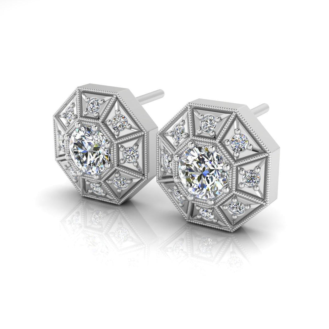 18K White Gold Octagon Shape Diamond Stud Earrings